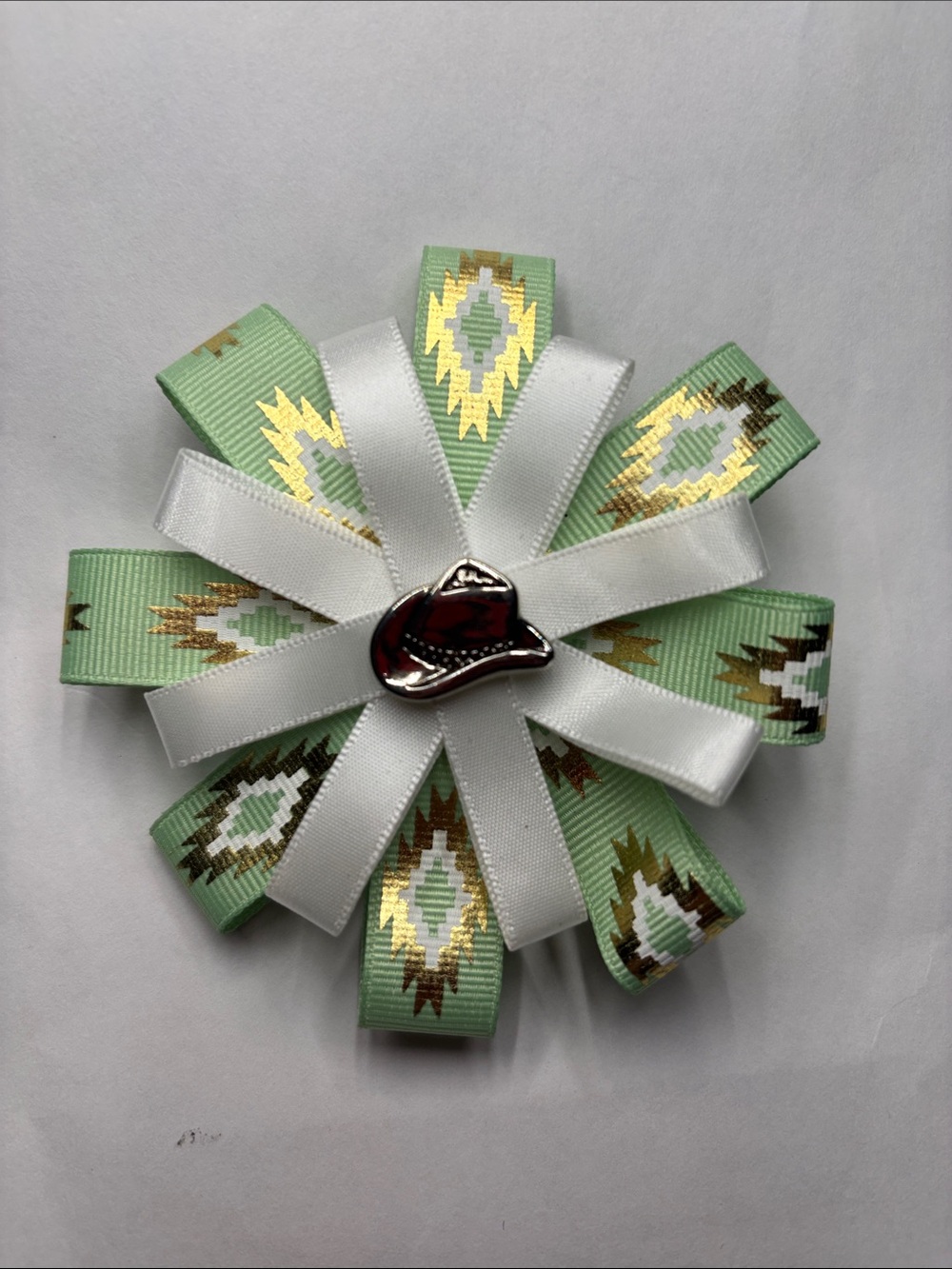 White & Mint Aztec Ribbon Hair Bow with Silver Cowboy Hat Accent